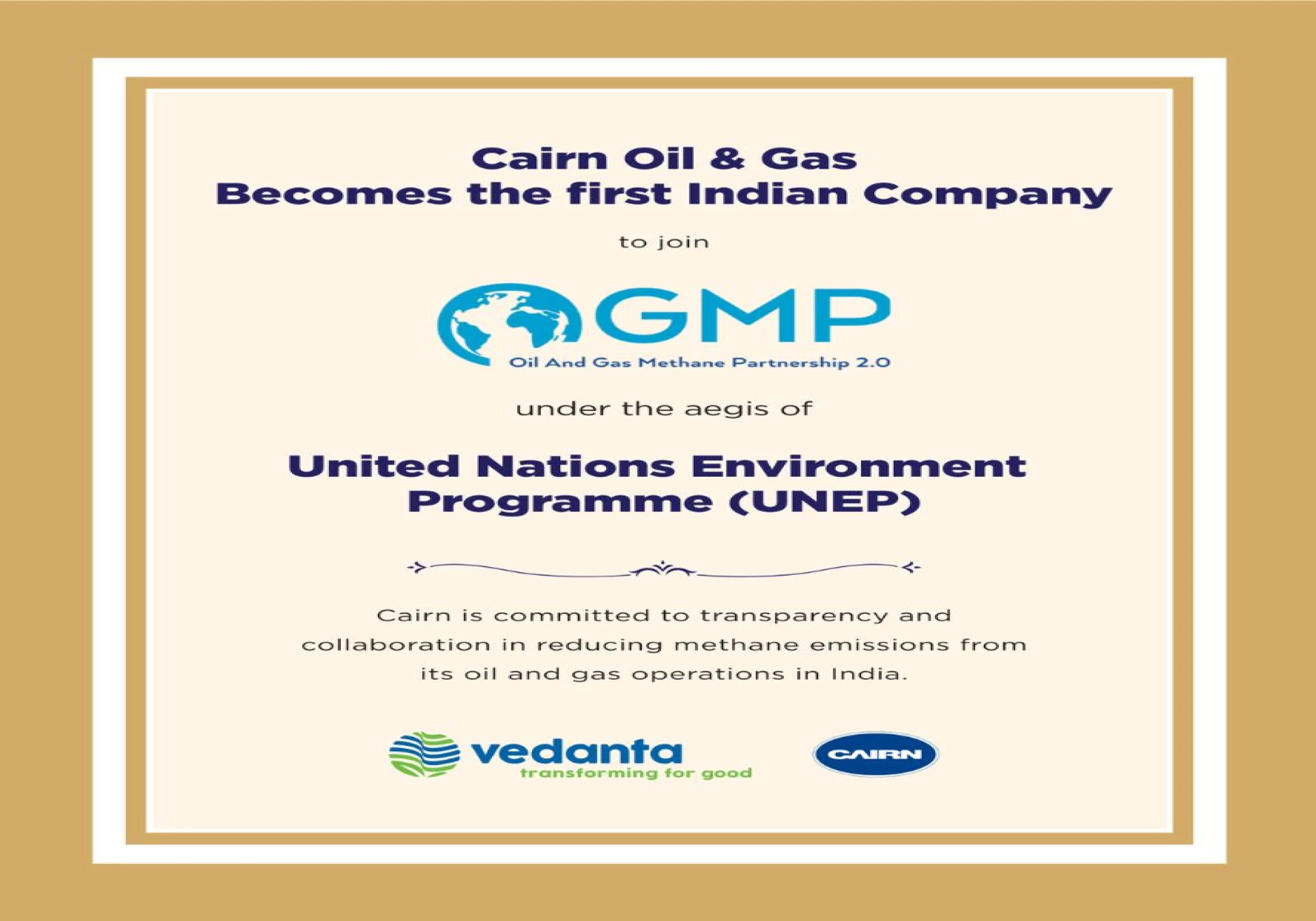 Cairn Oil & Gas becomes India’s first oil company in UNEP’s OGMP 2.0